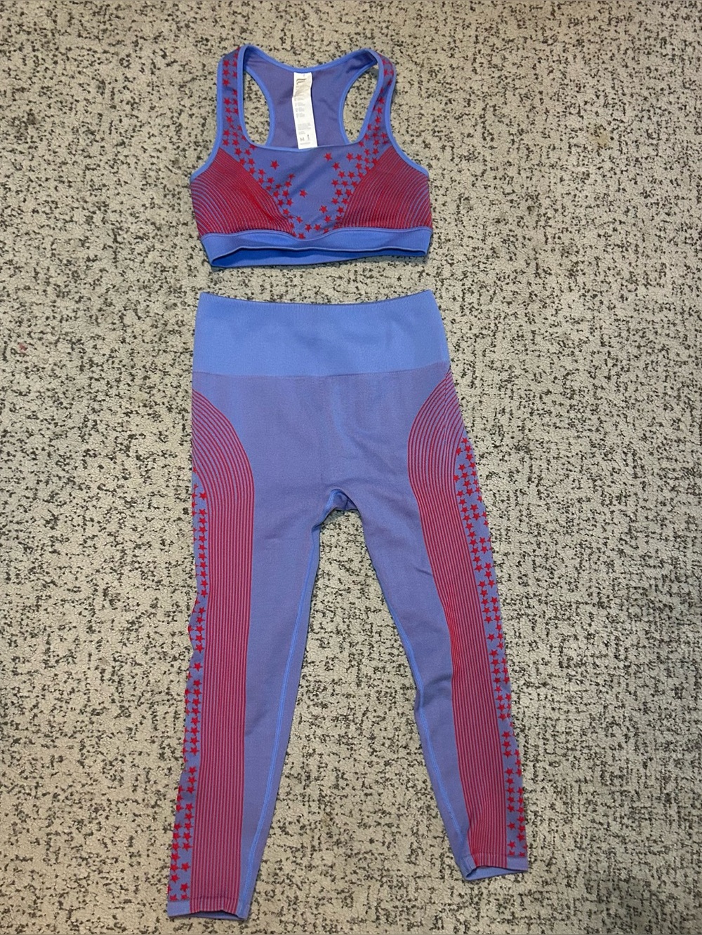 Fabletics Blue & Red Star Seamless High-Waisted Capris & Sports Bra Set Size S/M